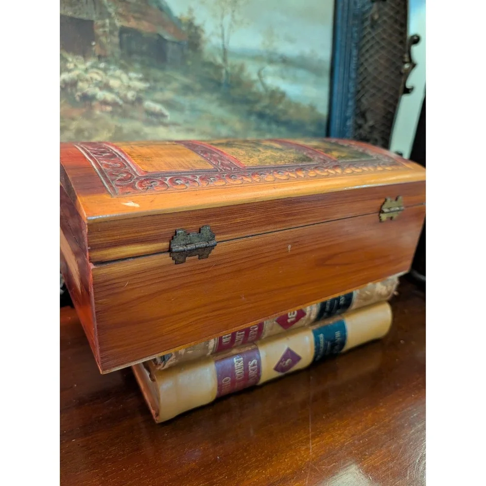 Vintage Carved Cedar Wood Jewelry Box Pastoral Landscape Mirror Trinket Chest
